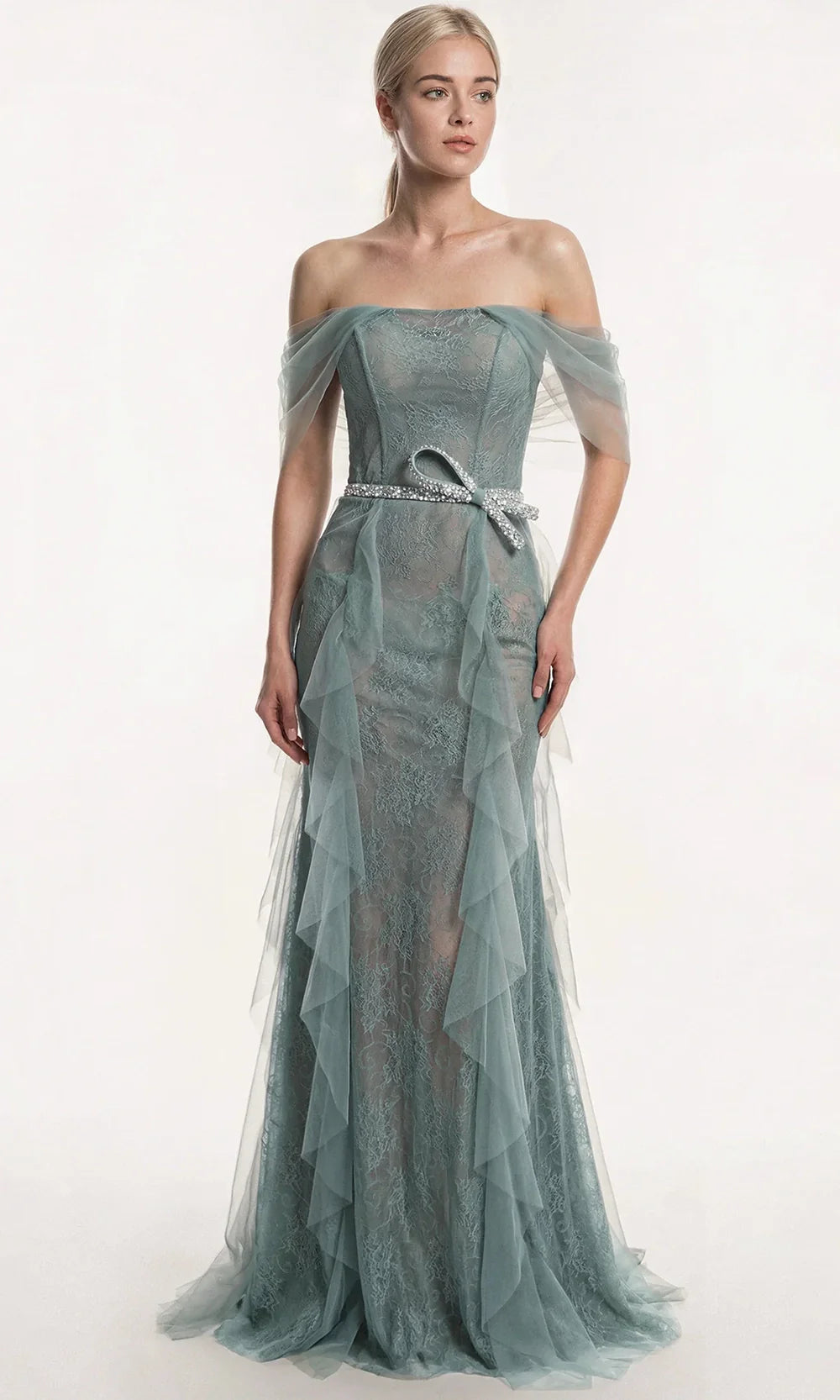 Gatti Nolli Couture OP-7913 - Cascading Ruffle Panel Lace Fitted Gown Formal Dresses in Green  