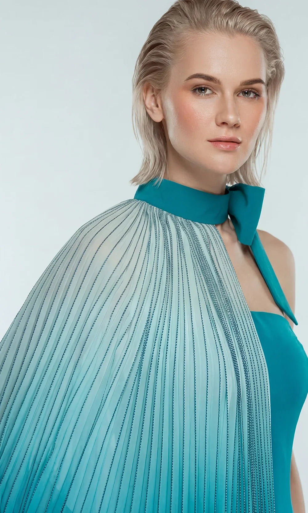 Gatti Nolli Couture OP-7864 - Pleated Metallic Cape Column Evening Dress Evening Dresses in Blue  