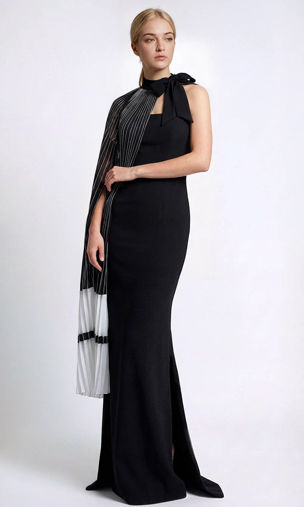 Gatti Nolli Couture OP-7864 - Pleated Metallic Cape Column Evening Dress Evening Dresses in Black  