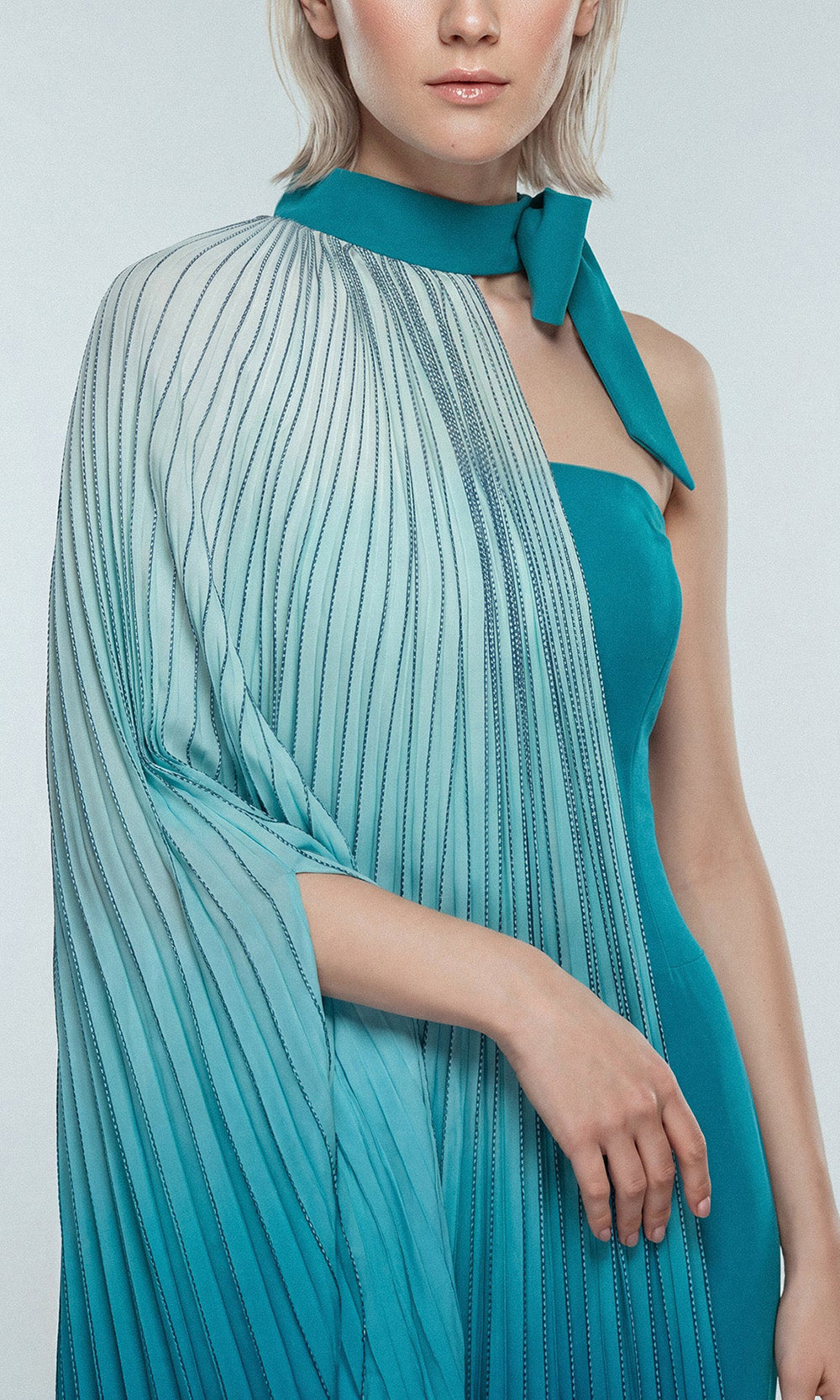 Gatti Nolli Couture OP-7864 - Pleated Metallic Cape Column Evening Dress Evening Dresses in Blue  