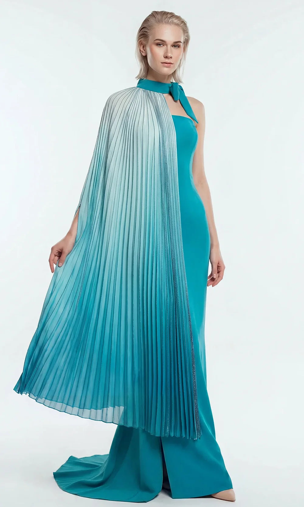 Gatti Nolli Couture OP-7864 - Pleated Metallic Cape Column Evening Dress Evening Dresses in Blue  