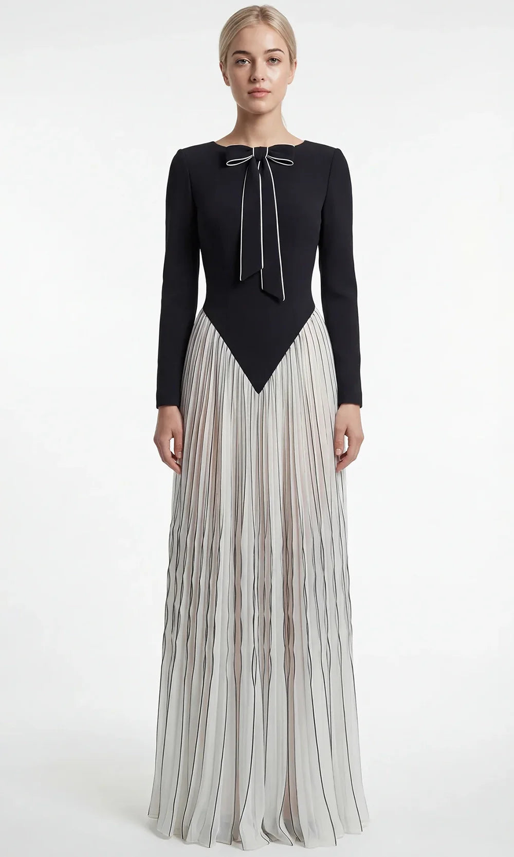 Gatti Nolli Couture OP-7869 - Long Sleeve Pleated Evening Dress Mother of the Bride Dresses in Black and White