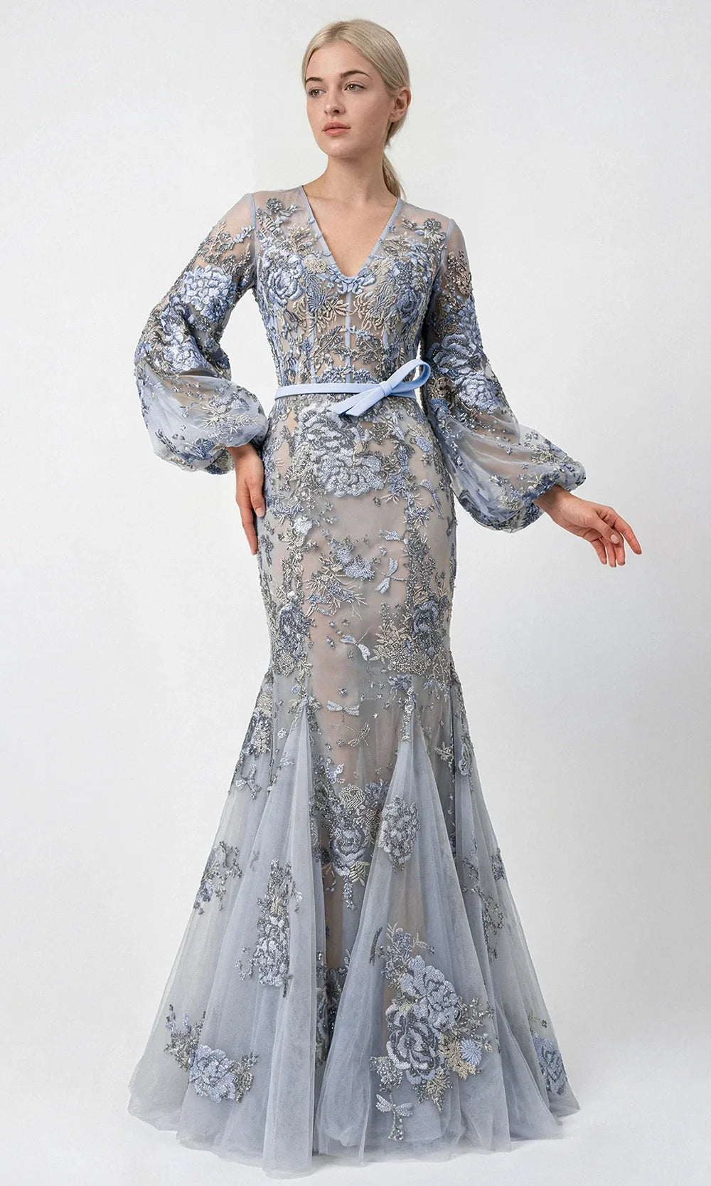 Gatti Nolli Couture OP-7918 - Belted V-Neck Embroidered Long Dress Mother of the Bride Dress in Blue  