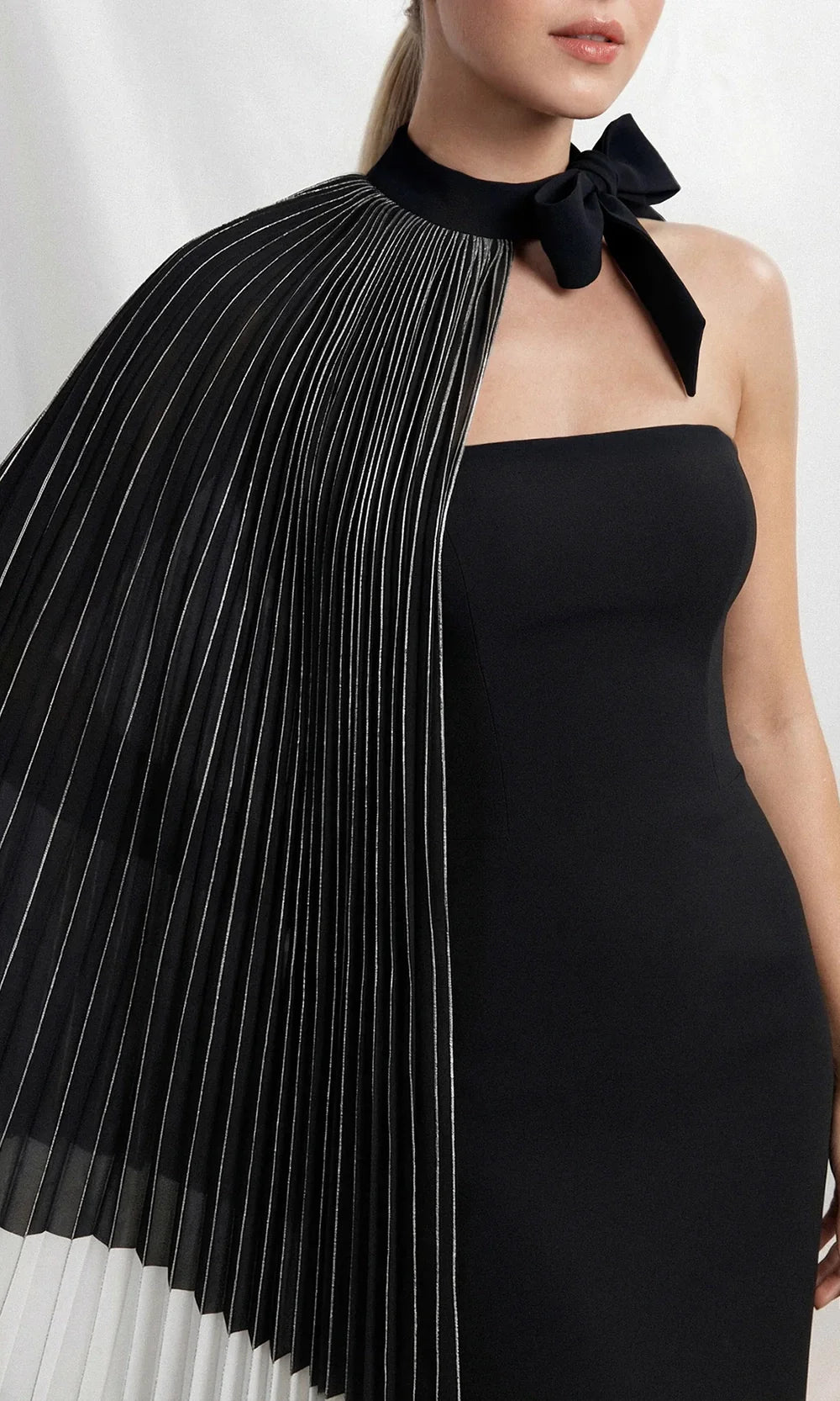 Gatti Nolli Couture OP-7864 - Pleated Metallic Cape Column Evening Dress Evening Dresses in Black  