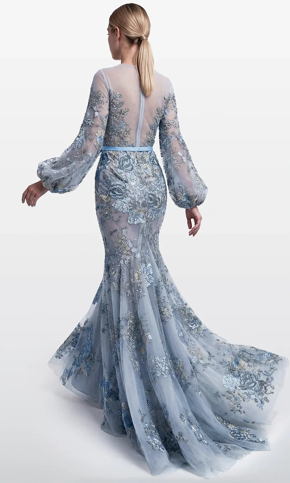 Gatti Nolli Couture OP-7918 - Belted V-Neck Embroidered Long Dress Mother of the Bride Dress in Blue  