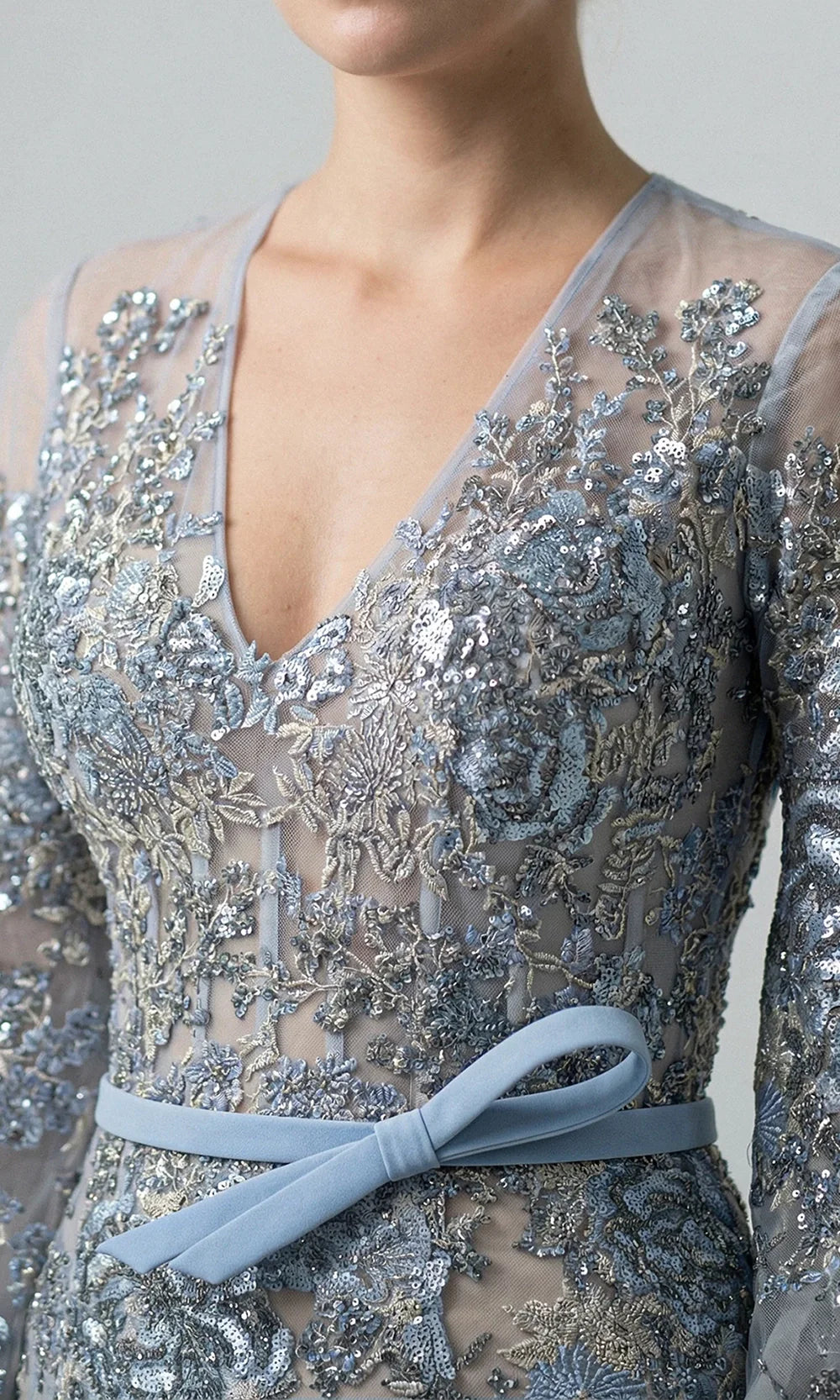 Gatti Nolli Couture OP-7918 - Belted V-Neck Embroidered Long Dress Mother of the Bride Dress in Blue  