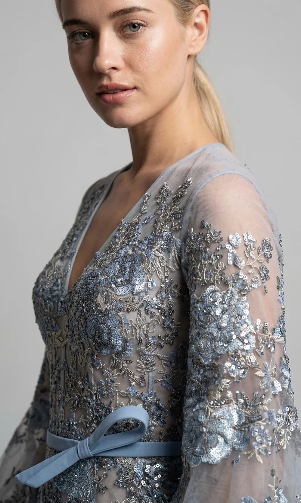 Gatti Nolli Couture OP-7918 - Belted V-Neck Embroidered Long Dress Mother of the Bride Dress in Blue  