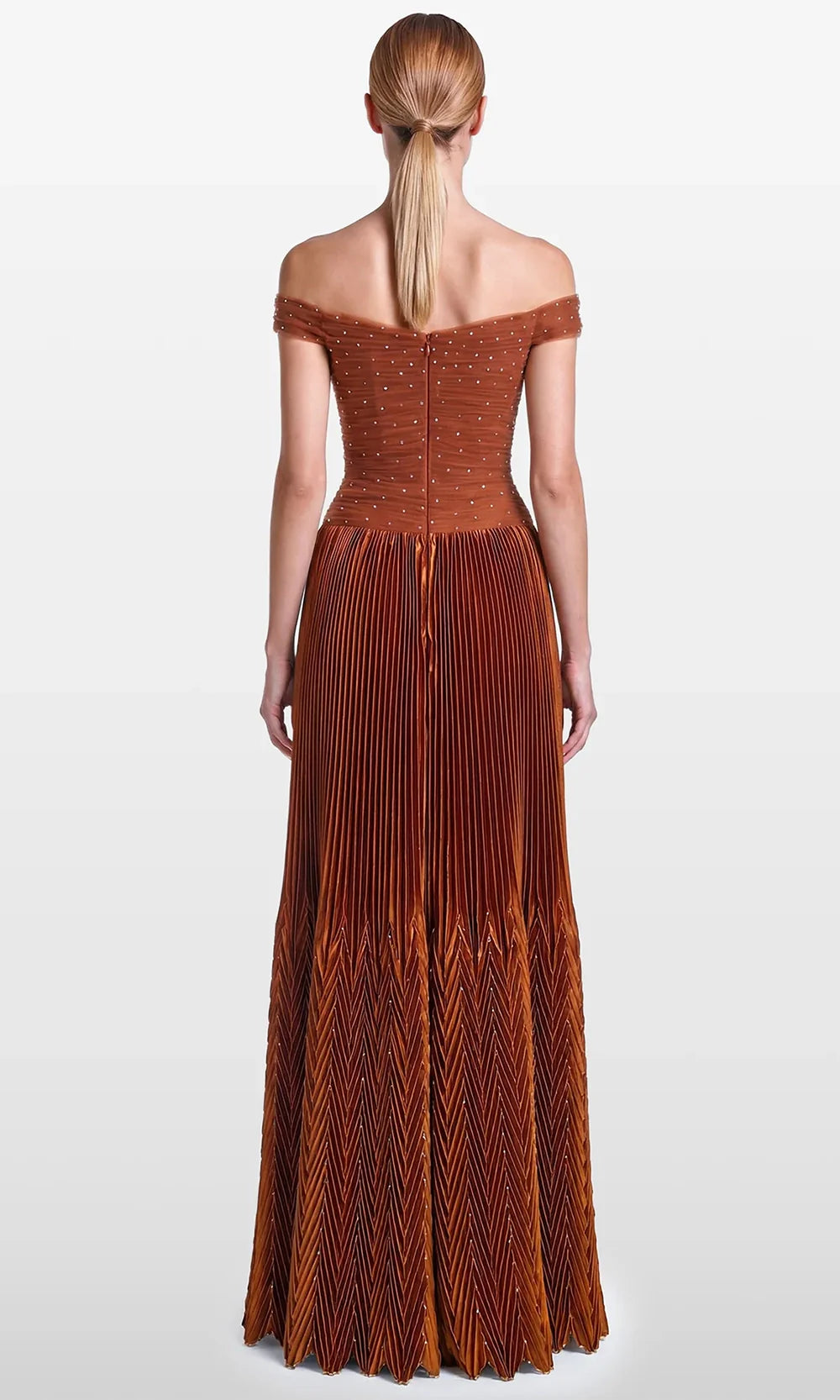 Gatti Nolli Couture OP-7862 - Crystal Embellished Pleated Long Gown Evening Dresses in Brown  