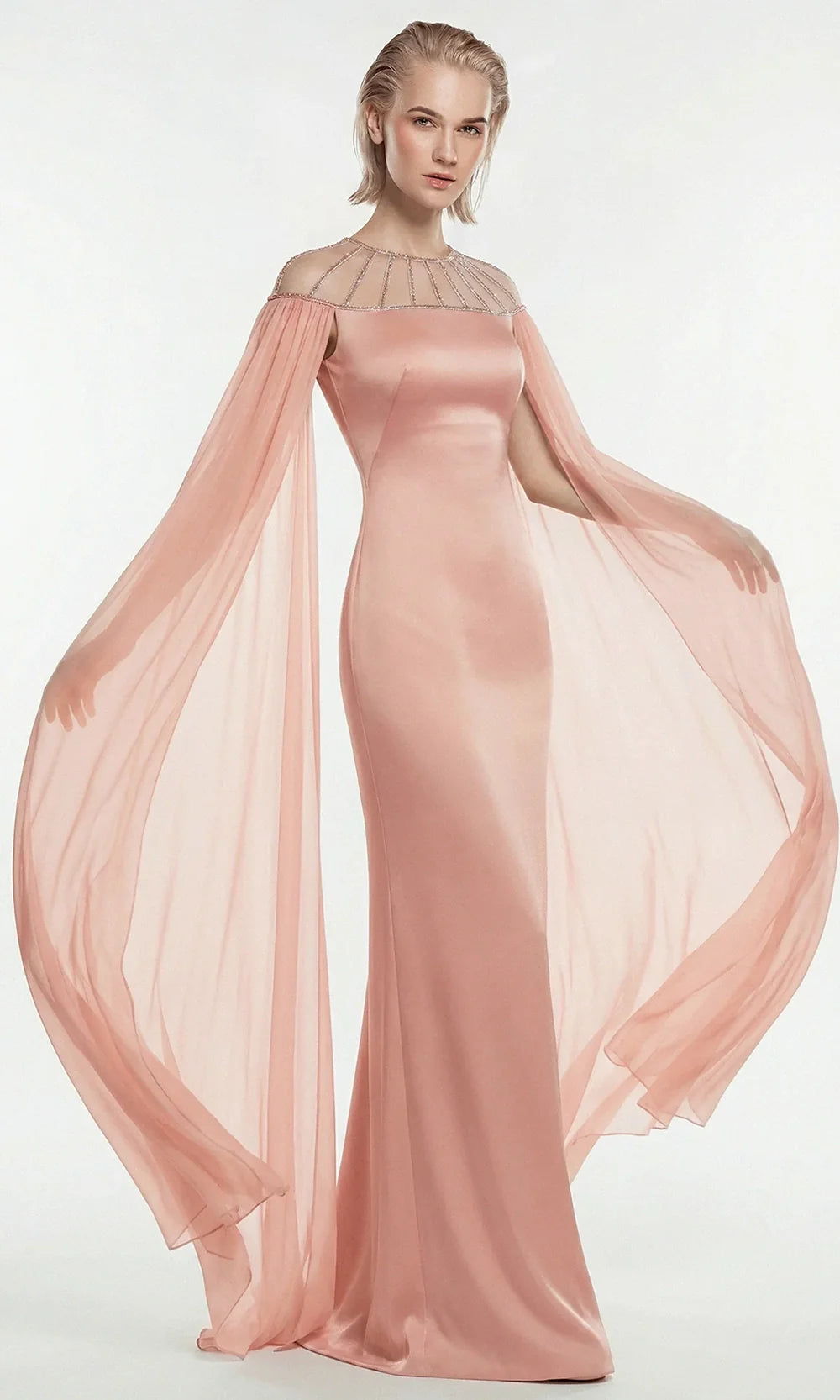 Gatti Nolli Couture OP-7896 - Chiffon Cape Sleeve Sheath Long Gown Mother of the Bride Dresses in Pink  