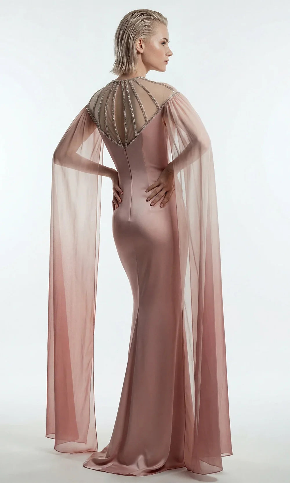 Gatti Nolli Couture OP-7896 - Chiffon Cape Sleeve Sheath Long Gown Mother of the Bride Dresses in Pink  