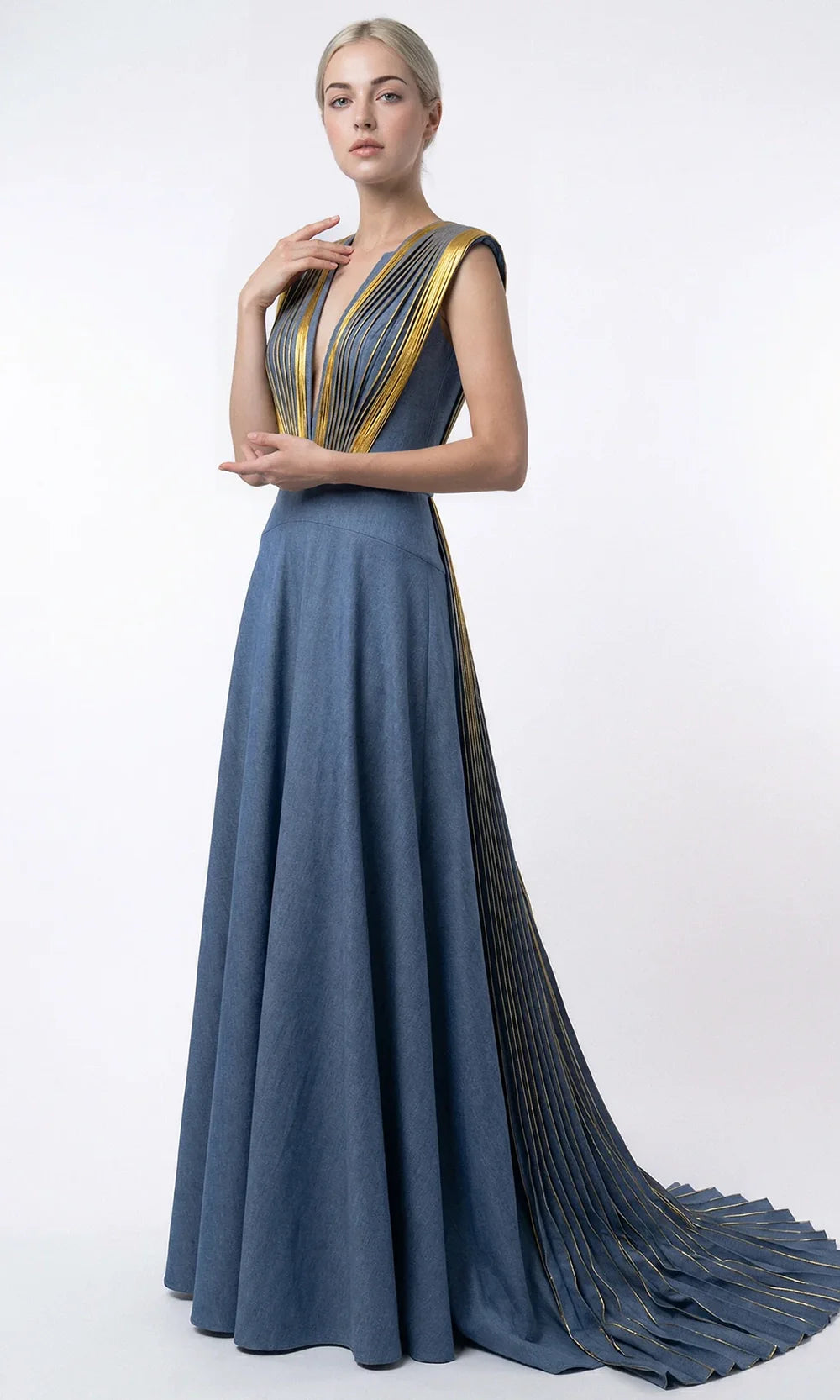 Gatti Nolli Couture OP-7874 - A-Line Pleated Panel Shantung Gown Evening Dresses in Blue and Gold