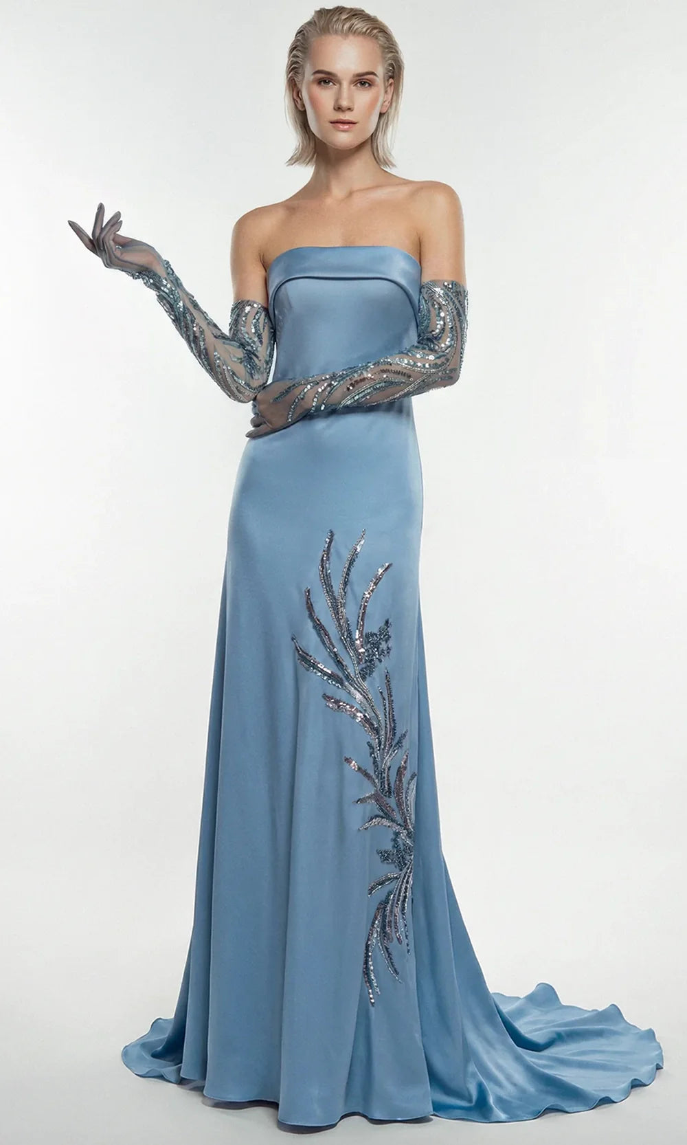 Gatti Nolli Couture OP-7868 - Embellished Straight Neck Gown with Gloves Prom Dresses in Blue  