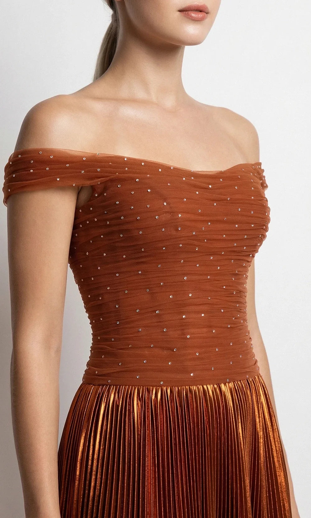 Gatti Nolli Couture OP-7862 - Crystal Embellished Pleated Long Gown Evening Dresses in Brown  