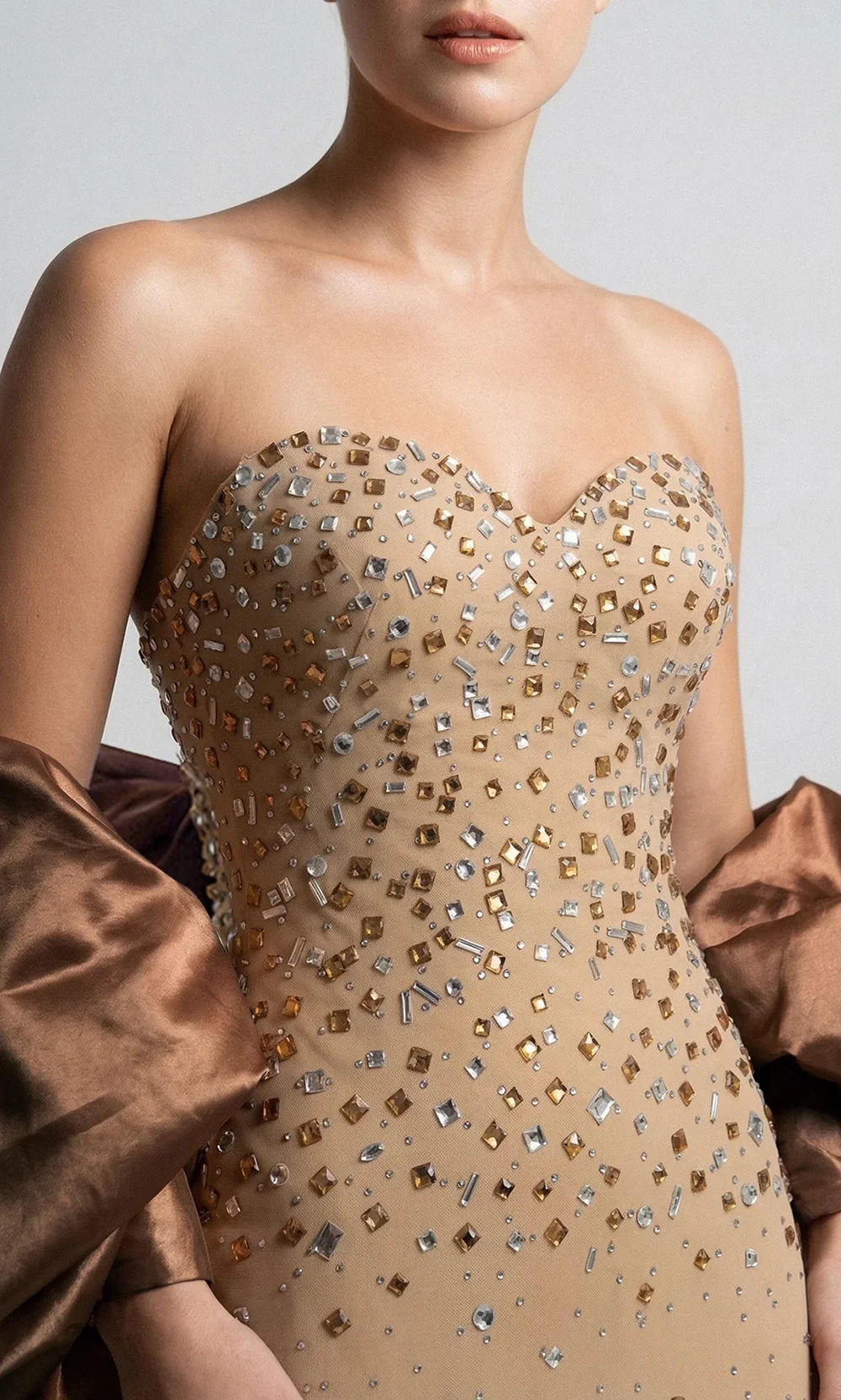 Gatti Nolli Couture OP-7921 - Bolero Sleeve Fully Beaded Evening Gown Prom Dresses in Brown  