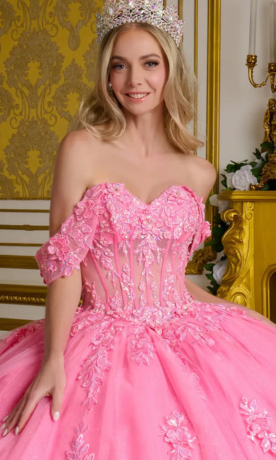 Elizabeth K GL3635 - Flower Appliqued Sheer Corset Ballgown Quinceanera Dresses