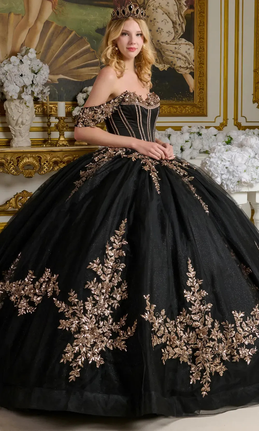 Elizabeth K GL3640 - Floral Applique Lace-Up Back Quinceanera Gown Quinceanera Dresses