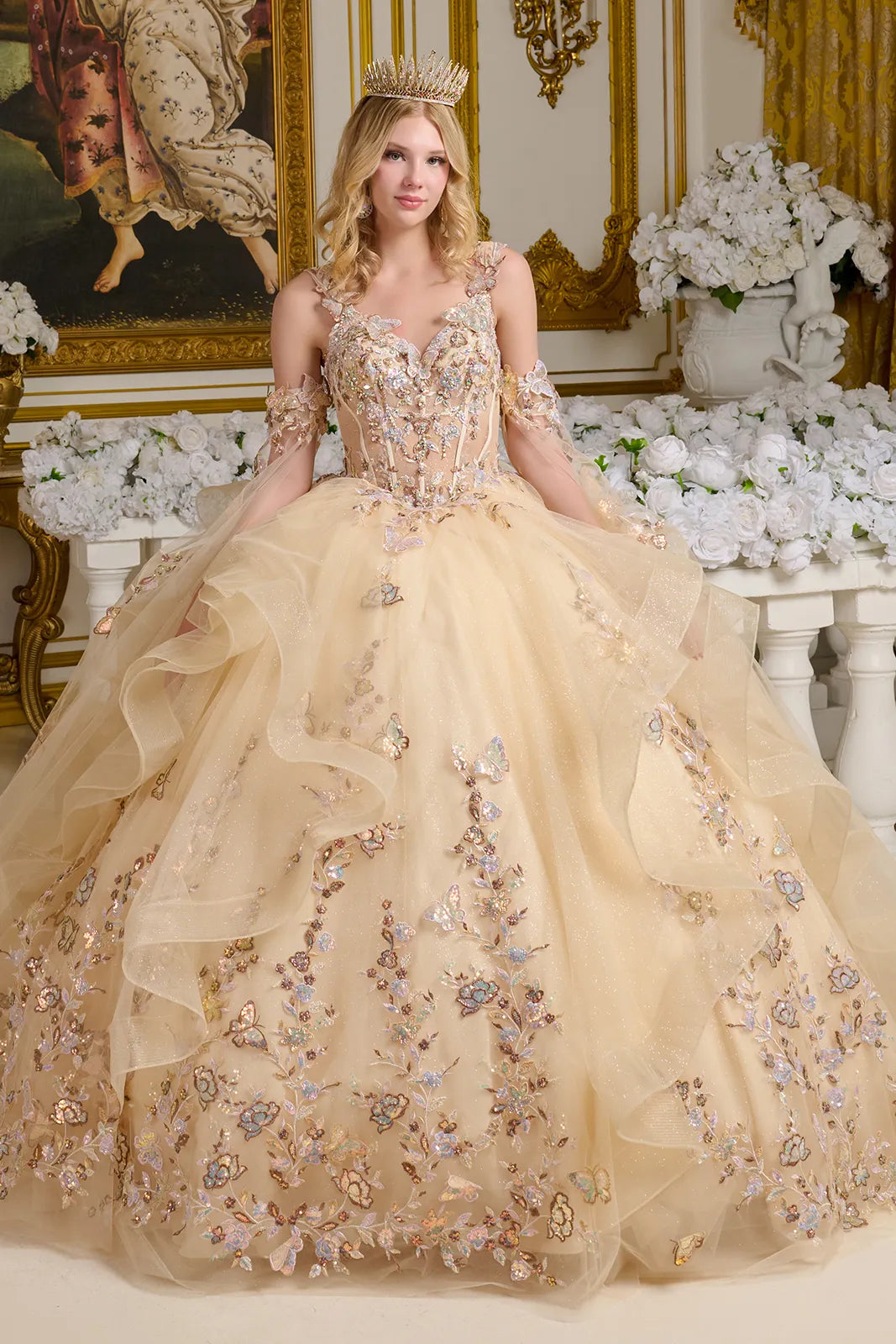 Elizabeth K GL3648 - V-Neck Tulle Ballgown with Butterfly Accent Quinceanera Dresses