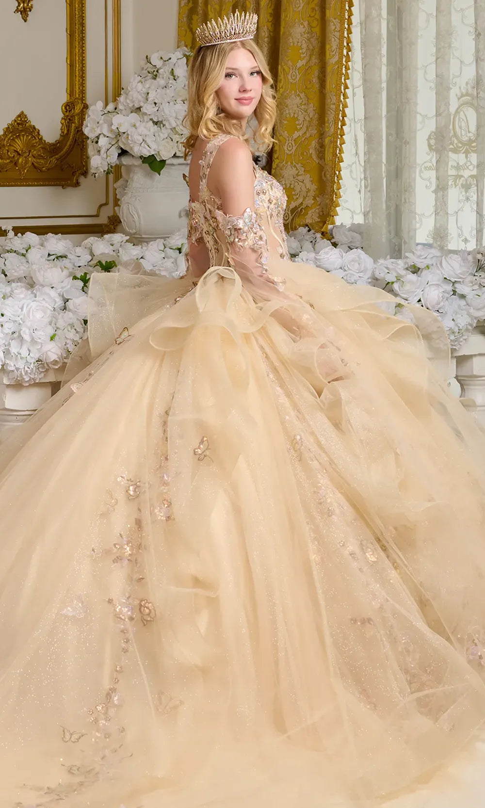 Elizabeth K GL3648 - V-Neck Tulle Ballgown with Butterfly Accent Quinceanera Dresses