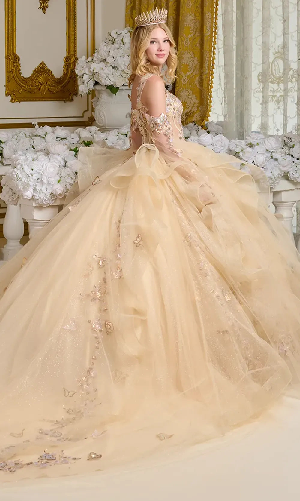 Elizabeth K GL3648 - V-Neck Tulle Ballgown with Butterfly Accent Quinceanera Dresses