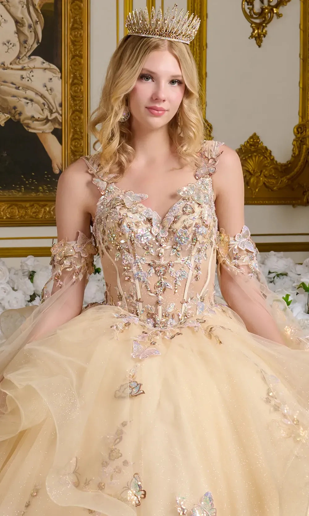 Elizabeth K GL3648 - V-Neck Tulle Ballgown with Butterfly Accent Quinceanera Dresses