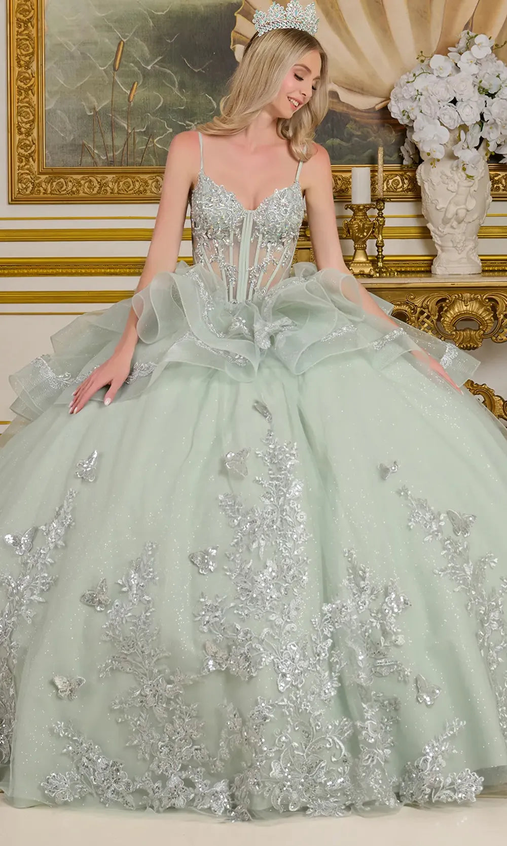 Elizabeth K GL3649 - Sparkling Quince Gown with Ruffled Overlay Quinceanera Dresses