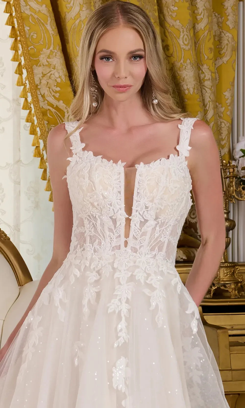 embroidered mesh wedding dress Belle Floral Embroidered Bow Mesh Floor Length Wedding Dress(Medium)No Veil