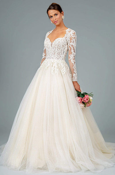 GLS by Gloria - GL1804 Embroidered Plunging V-neck A-line Gown Wedding Dresses XS / Ivory/Cream