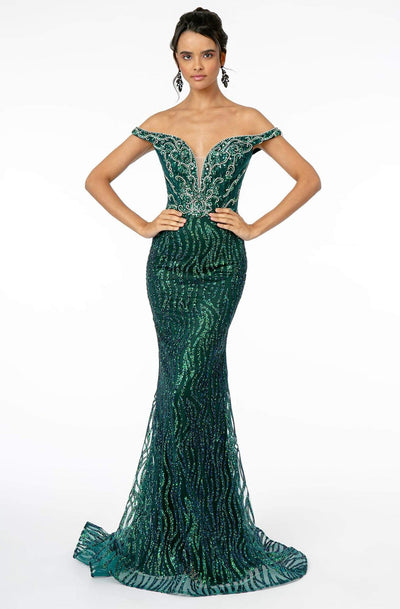 GLS by Gloria - GL1818 Plunging Off Shoulder Jeweled Mermaid Gown Pageant Dresses XS / Green