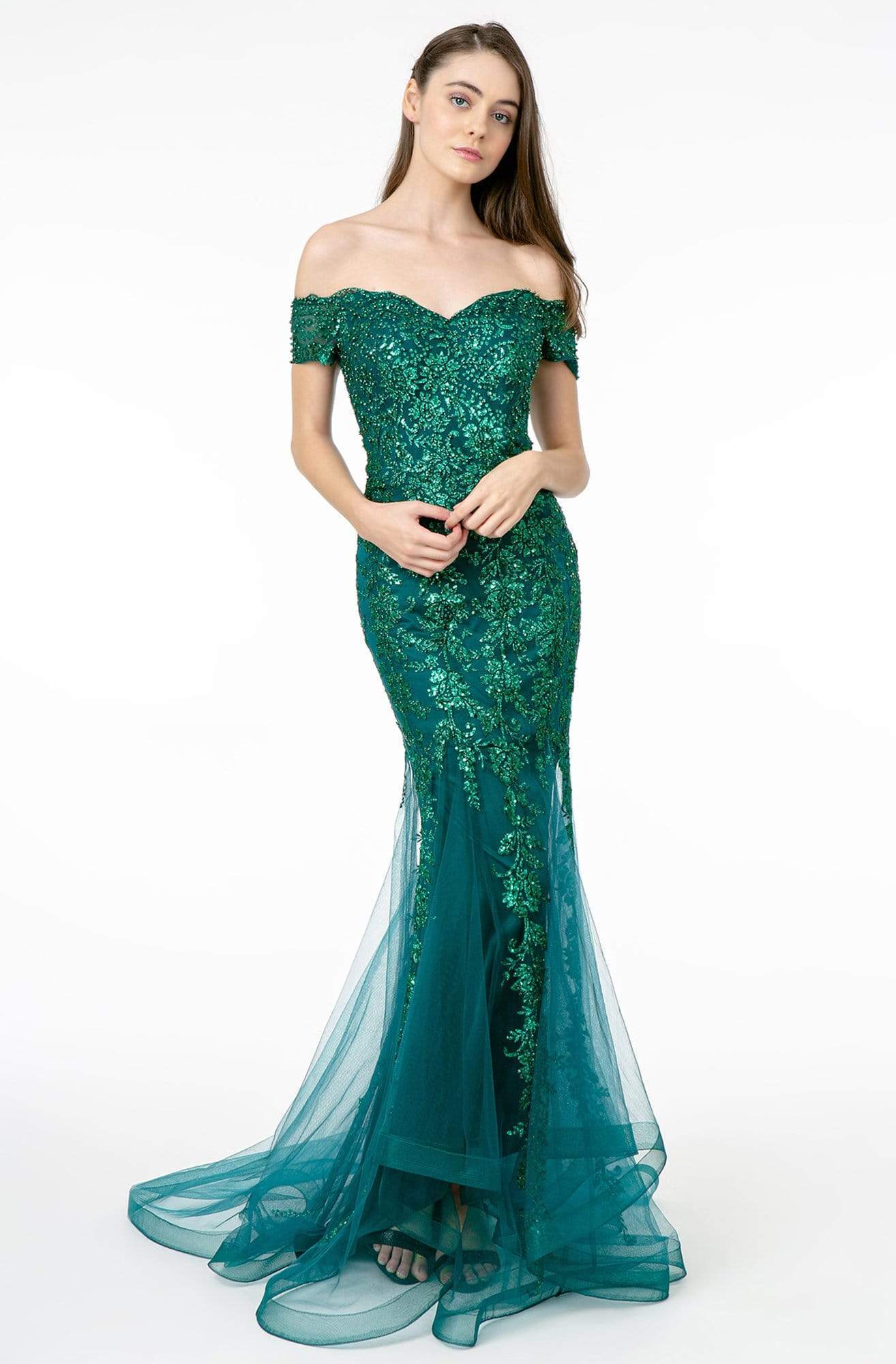 GLS by Gloria - GL1823 Glitter Mesh Cutout Back Mermaid Gown Evening Dresses XS / Green