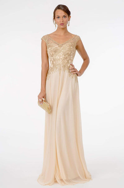 GLS by Gloria - GL1826 Beaded Lace Embroidered Bodice A-Line Gown Mother of the Bride Dresses XS / Champagne
