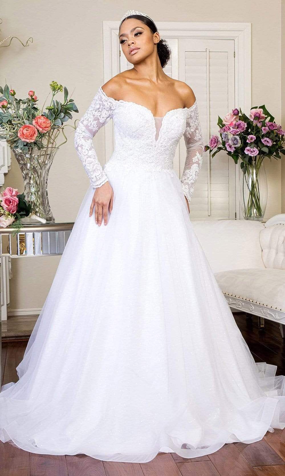 GLS by Gloria Bridal GL1937 - Long Mesh, Beads, Embroidery, Sequin A-Line Dress - Embroidered Bodice, Sheer Long Sleeves, Pleated Skirt, Floor Length, Mid-Open Lace Up Back, Chapel Train ADASA GLS by Gloria Bridal GL1937 - Long Mesh, Beads, Embroidery, Sequin A-Line Dress - Embroidered Bodice, Sheer Long Sleeves, Pleated Skirt, Floor Length, Mid-Open Lace Up Back, Chapel Train ADASA