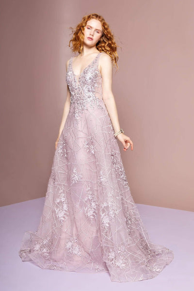 GLS by Gloria - GL2564 Floral Embroidered Illusion A-Line Gown Special Occasion Dress XS / Mauve