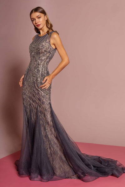 GLS by Gloria - GL2684 Embellished Lace Mermaid Dress With Train Special Occasion Dress XS / Charcoal