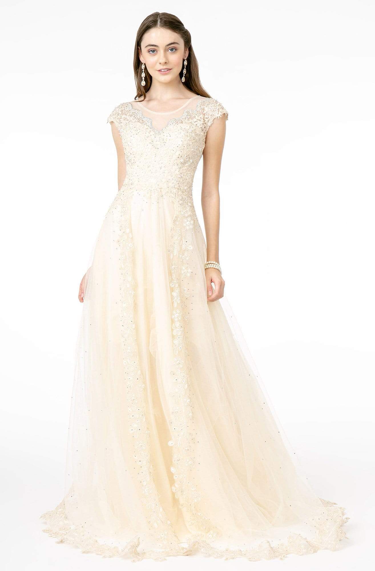 GLS by Gloria - GL2882 Beaded Embroidered Mesh A-Line Long Dress Formal Gowns XS / Champagne