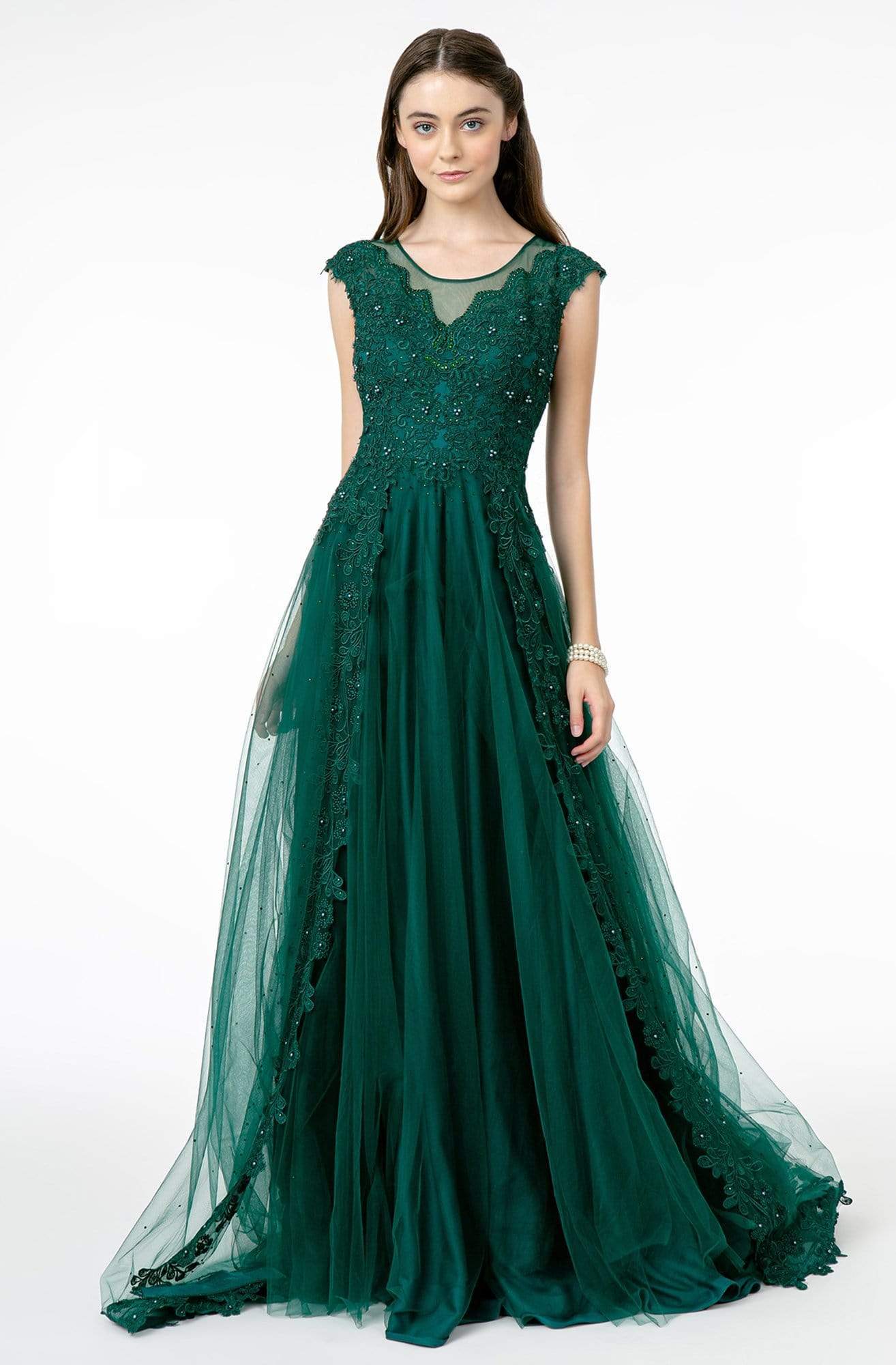 GLS by Gloria - GL2882 Beaded Embroidered Mesh A-Line Long Dress Formal Gowns XS / Green