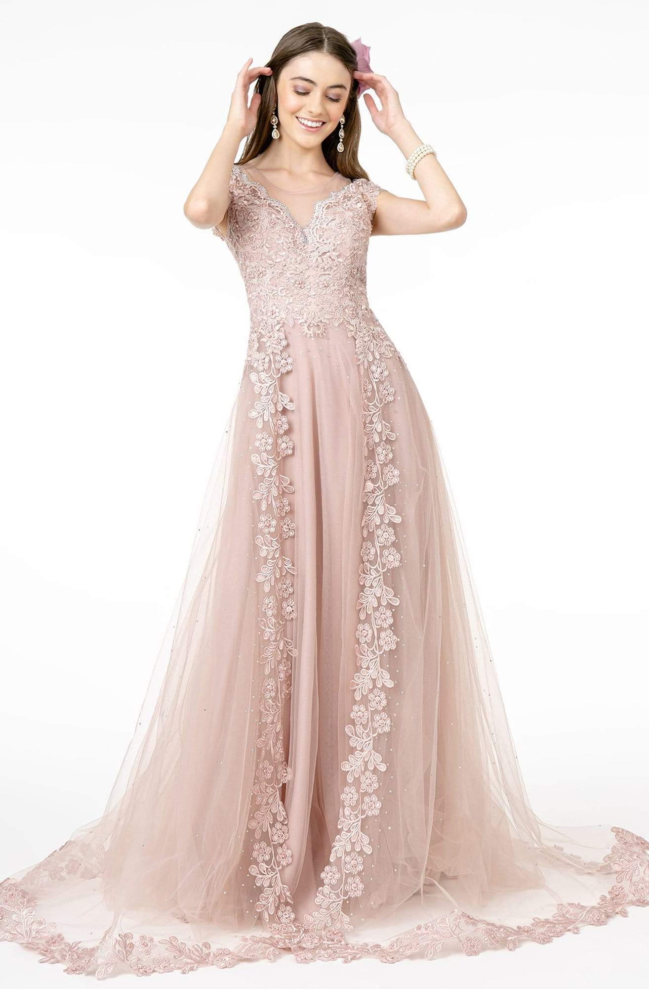 GLS by Gloria - GL2882 Beaded Embroidered Mesh A-Line Long Dress Formal Gowns XS / Mauve