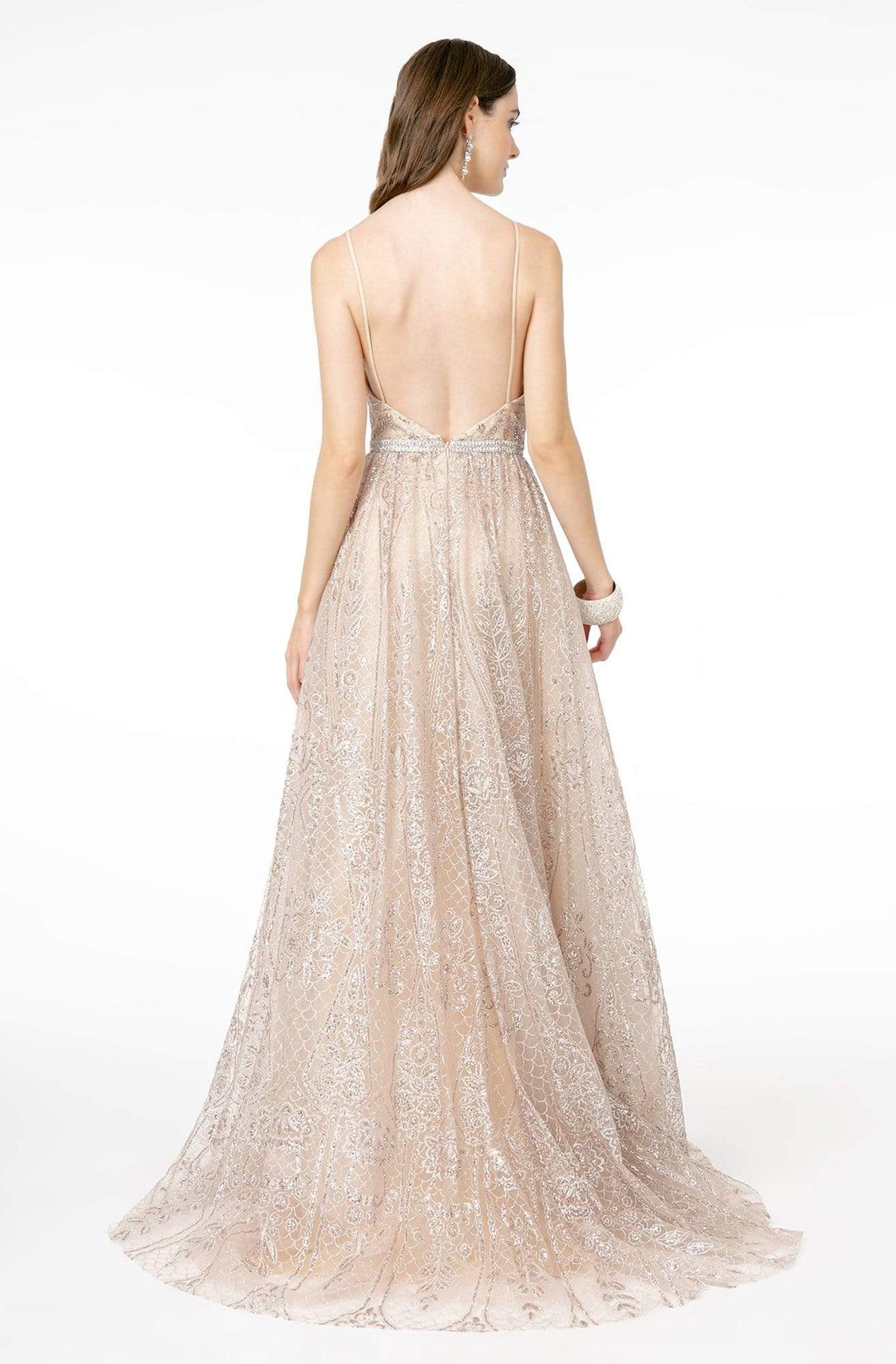 GLS by Gloria GL2915 - Long A-line Dress - Sleeveless, Plunging neckline, Sheer inset, Spaghetti straps, Fitted bodice, Glitter mesh, Open back, Back zipper, Sweep train ADASA GLS by Gloria GL2915 - Long A-line Dress - Sleeveless, Plunging neckline, Sheer inset, Spaghetti straps, Fitted bodice, Glitter mesh, Open back, Back zipper, Sweep train ADASA