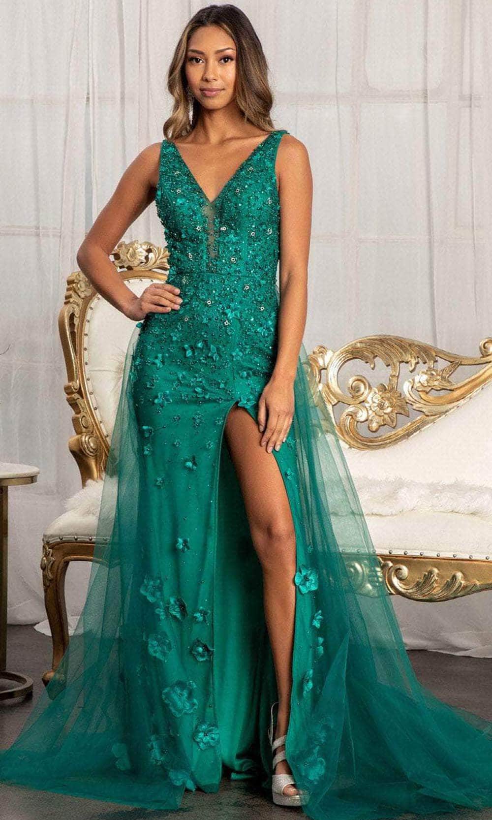 GLS by Gloria GL3011 - V-Neck Overskirt Prom Gown Special Occasion Dress XS / E/M Green