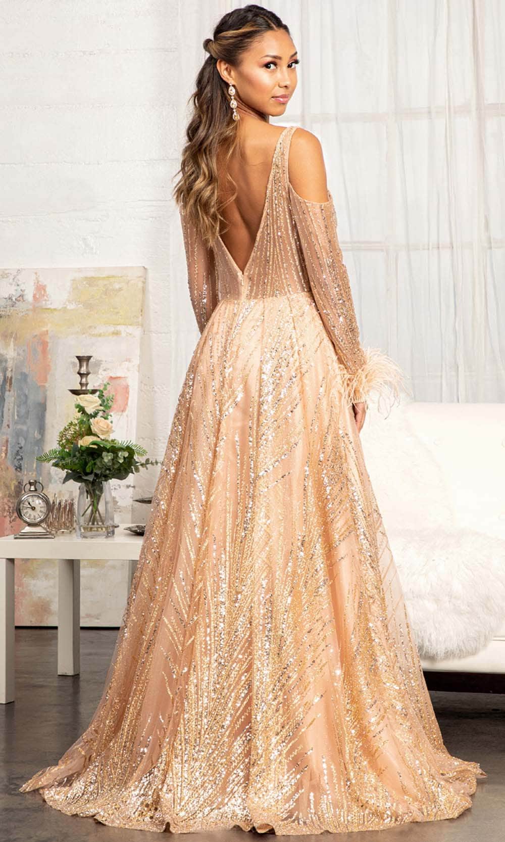 GLS by Gloria GL3041 - Long Sequin | Glitter Netting A-Line Dress
