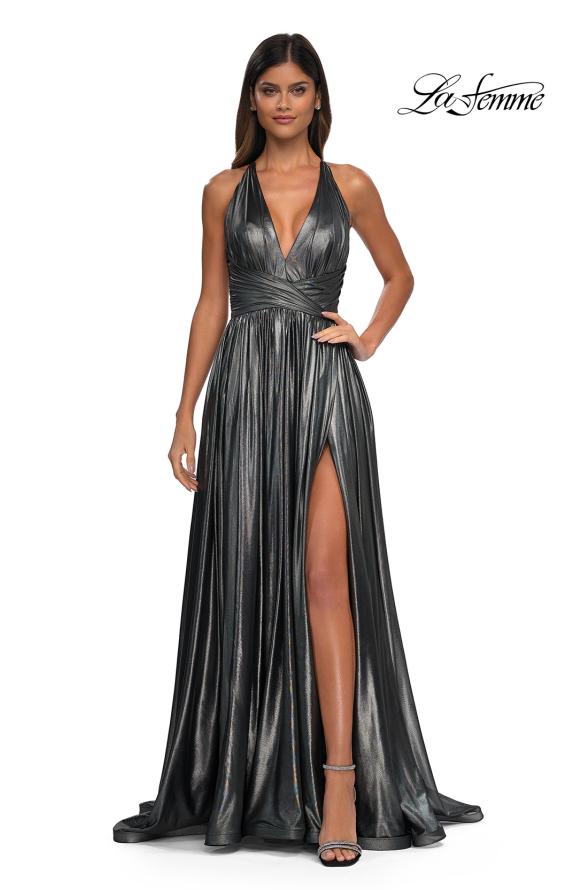 La Femme 32917 - Plunging Neck Metallic Prom Gown