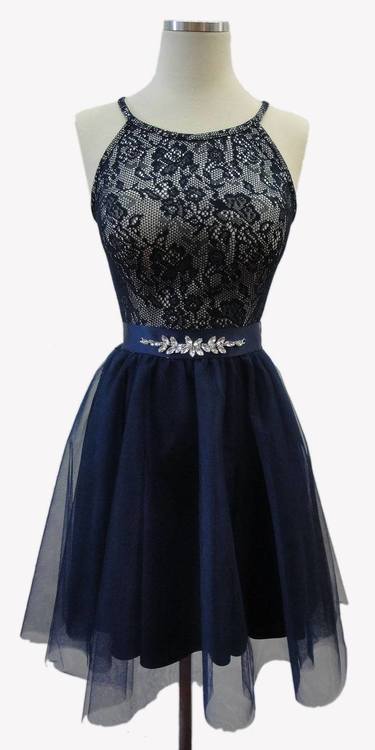 Halter Cocktail Dress with Ribbon Sash Waistband Cocktail Dresses XXS / Navy