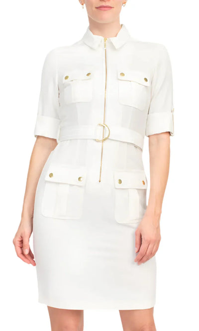 Sharagano HW3S19635 - Short Sleeve Collared Dress with Belt Cocktail Dresses