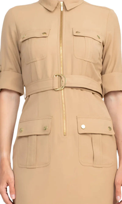 Sharagano HW3S19635 - Short Sleeve Collared Dress with Belt Cocktail Dresses