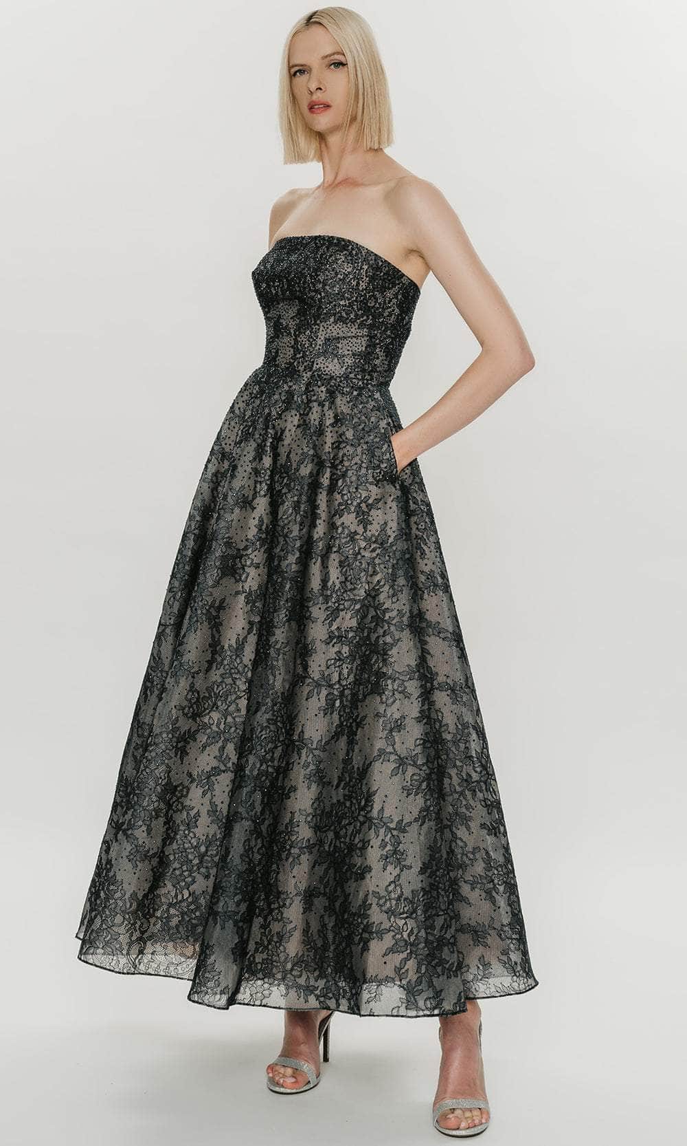 Hynes Park M595 - Strapless Beaded Lace Gown with Shawl Formal Gowns