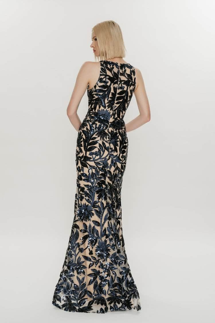 Hynes Park M627 - Floral Sequin Halter Sheath Gown Prom Dresses