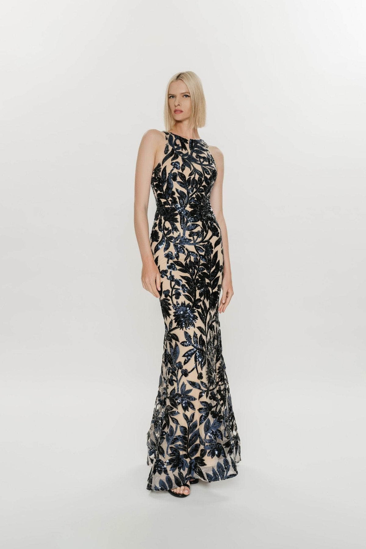 Hynes Park M627 - Floral Sequin Halter Sheath Gown Prom Dresses 4 / Navy/Nude