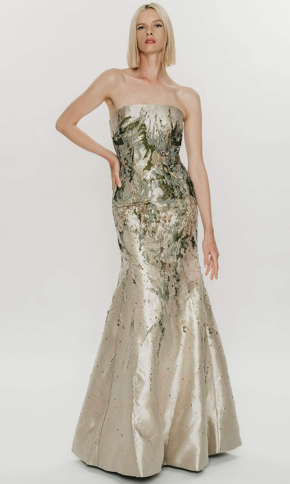 Hynes Park M651 - Strapless Brocade Mermaid Gown with Shawl Prom Dresses 4 / Sage