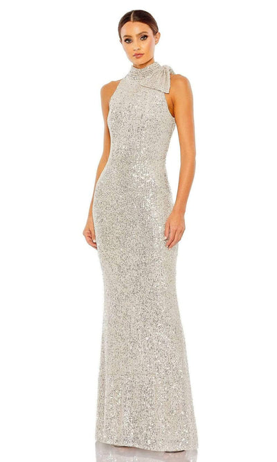 Ieena Duggal - 11280 Sequin Bow Accent Halter Gown Special Occasion Dress In Silver