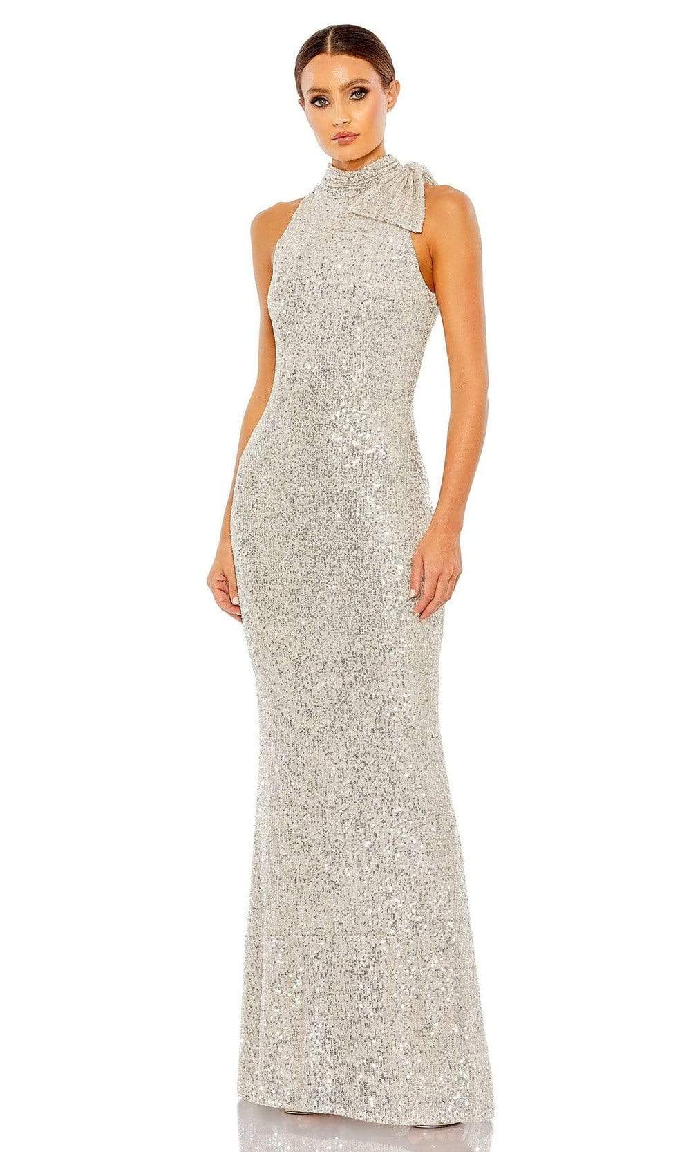 Ieena Duggal - 11280 Sequin Bow Accent Halter Gown Special Occasion Dress In Silver