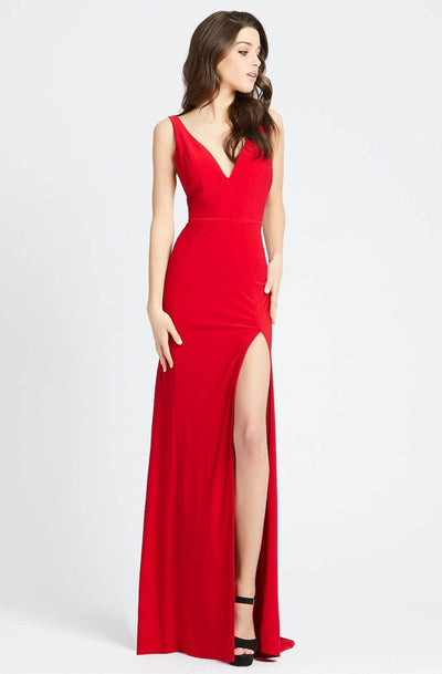 Ieena Duggal - 25846I V-Neck High Slit Sheath Gown Evening Dresses 0 / Red